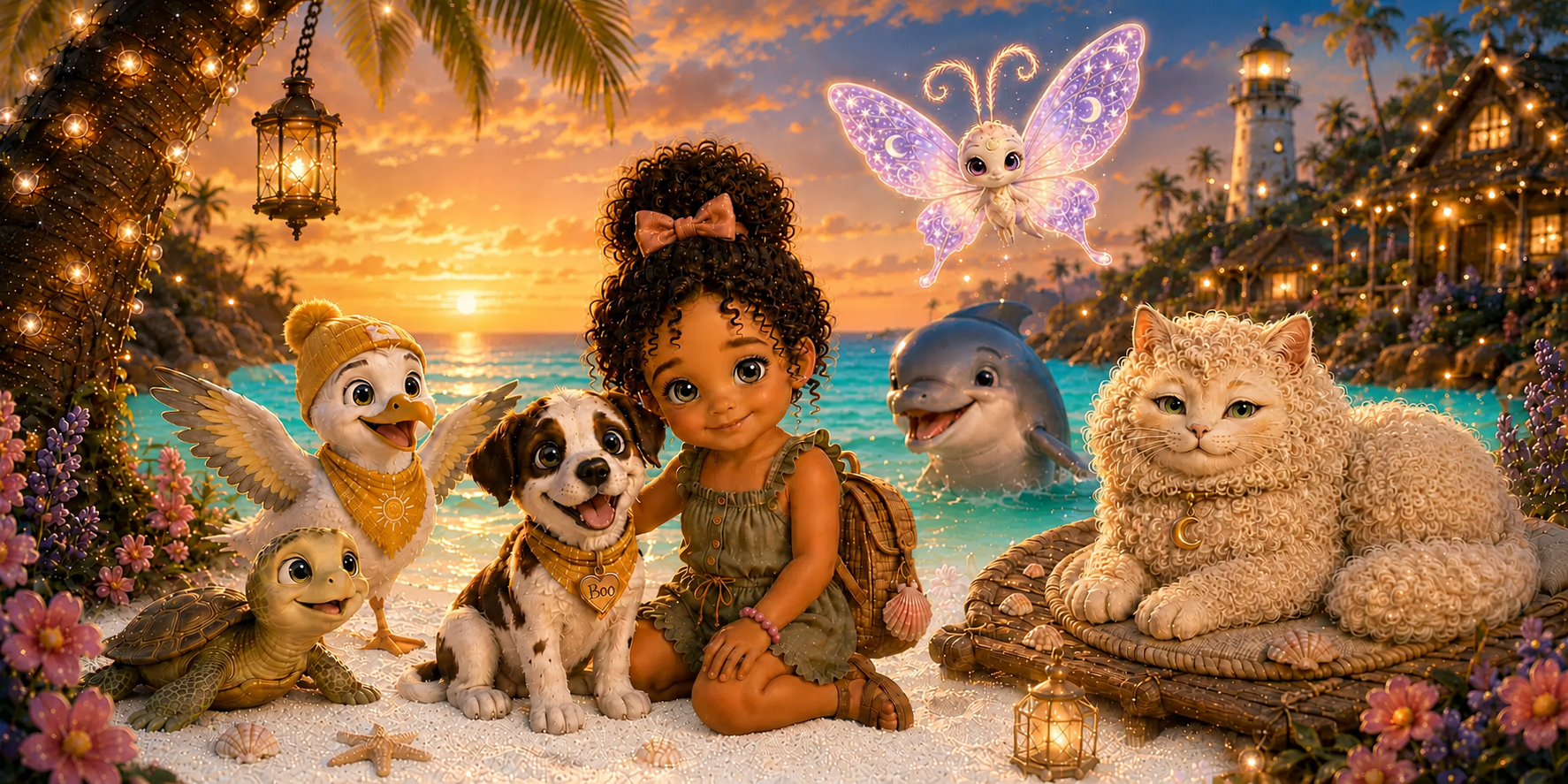 Poet and Boo with Sunny, Pebble, Tide, Marlow, and Moon Moth on the white crystal sand beside the emerald-blue water of Moon Palm Cove