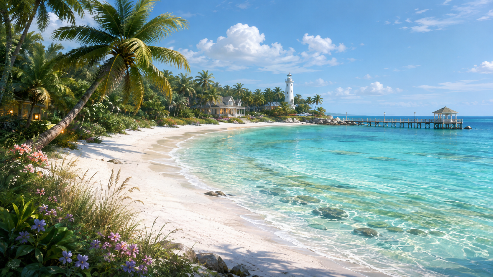 A sweeping daytime view of Moon Palm Cove with white quartz sand, crystal-clear emerald water, the lighthouse, cottage, and Friendship Pier