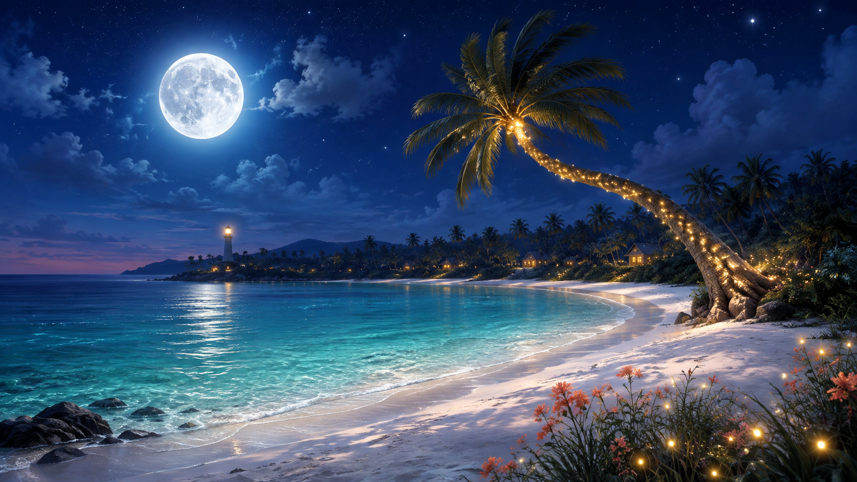 Moon Palm Cove beneath a full moon with glowing palms, white sand, emerald water, and distant cottage lights