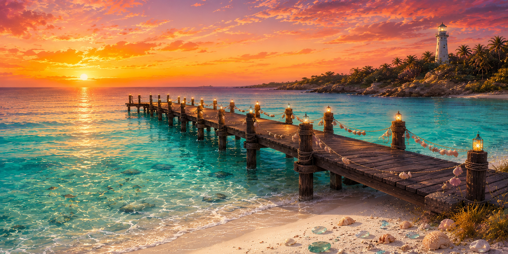 Friendship Pier glowing with lanterns above clear turquoise water at golden hour