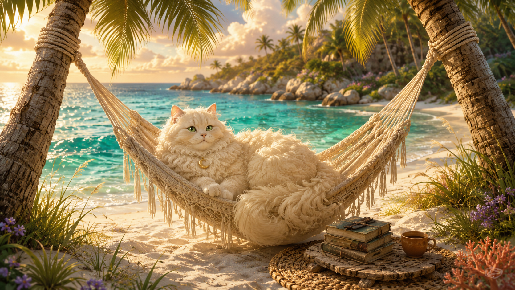 Marlow, the comforting wise old-timer cat, relaxing in his hammock between two Moon Palms