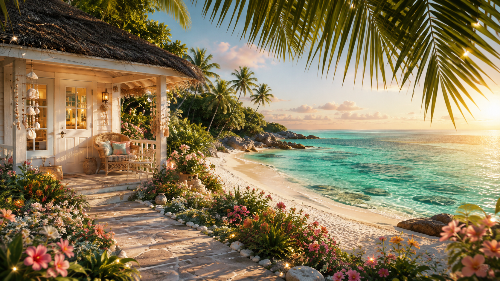 Poet's cozy flower-filled cottage beside the white sand and emerald sea